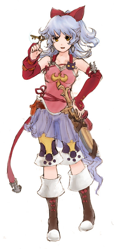 piranosuke, adelle (fft), final fantasy, final fantasy tactics a2, final fantasy tactics advance, silver hair, 1girl, bare shoulders, belt, boots, capri pants, earrings, female focus, jewelry, key, knife, open mouth, pants, ponytail, ribbon, shorts, skirt, solo, yellow eyes
