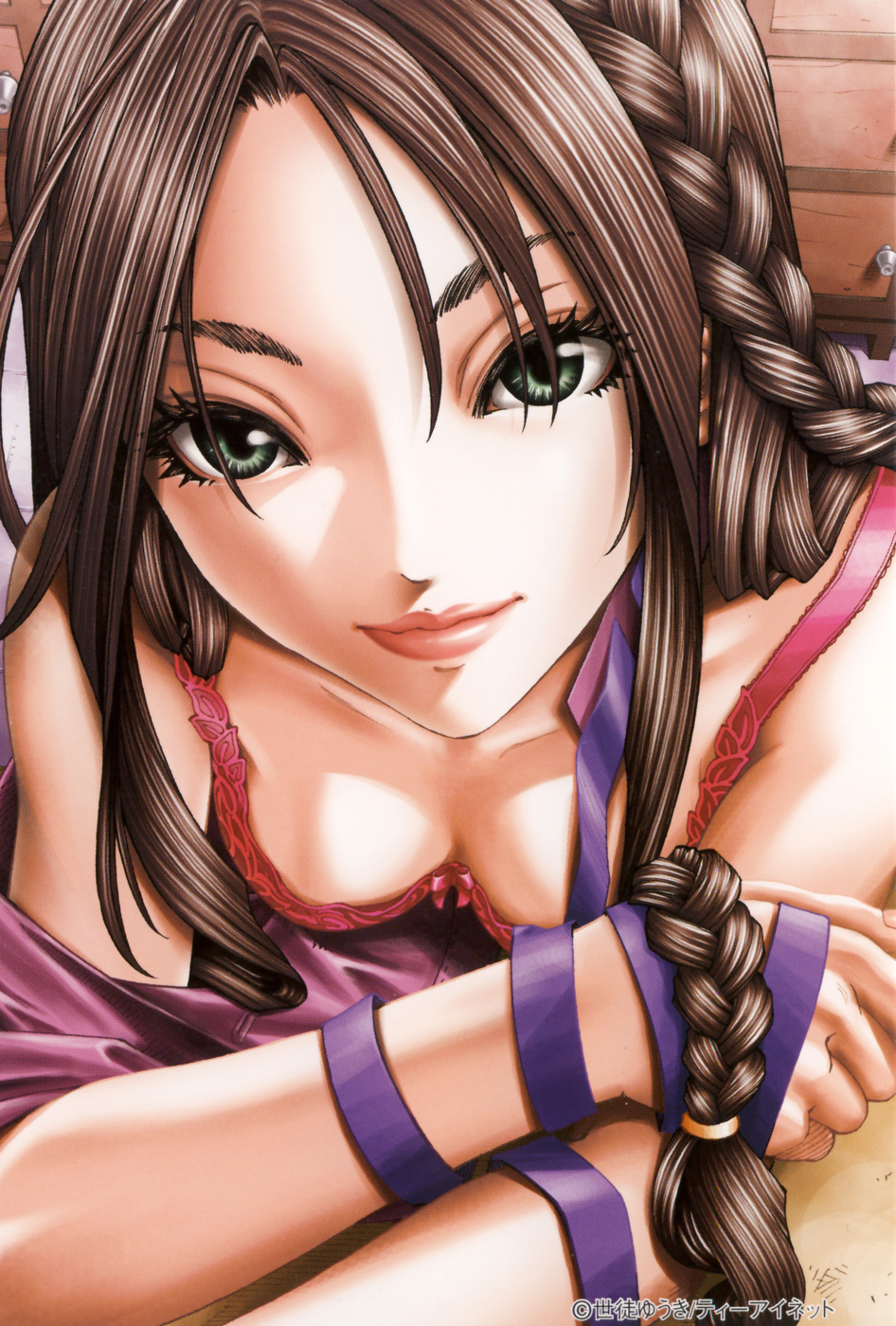 seto yuuki, ruma, stretta, stringendo & accelerando & stretta, highres, 00s, 1girl, bra, braid, breasts, brown hair, cleavage, cover, downblouse, female focus, green eyes, lace, leaning forward, lingerie, lipstick, long hair, makeup, ribbon, side braid, single braid, smile, solo, underwear