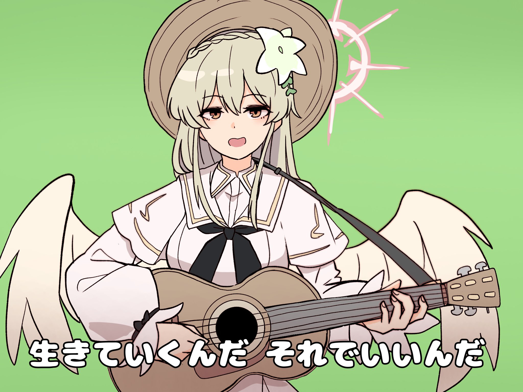 kawamochi (tddm3573), nagisa (blue archive), blue archive, highres, translation request, 1girl, acoustic guitar, braid, breasts, brown eyes, brown hair, brown hat, brown wings, capelet, dress, feathered wings, flower, green background, green flower, guitar, hair between eyes, hair flower, hair ornament, halo, hat, holding, holding instrument, instrument, long hair, long sleeves, looking at viewer, medium breasts, open mouth, puffy long sleeves, puffy sleeves, simple background, sleeves past wrists, solo, upper body, white capelet, white dress, wings