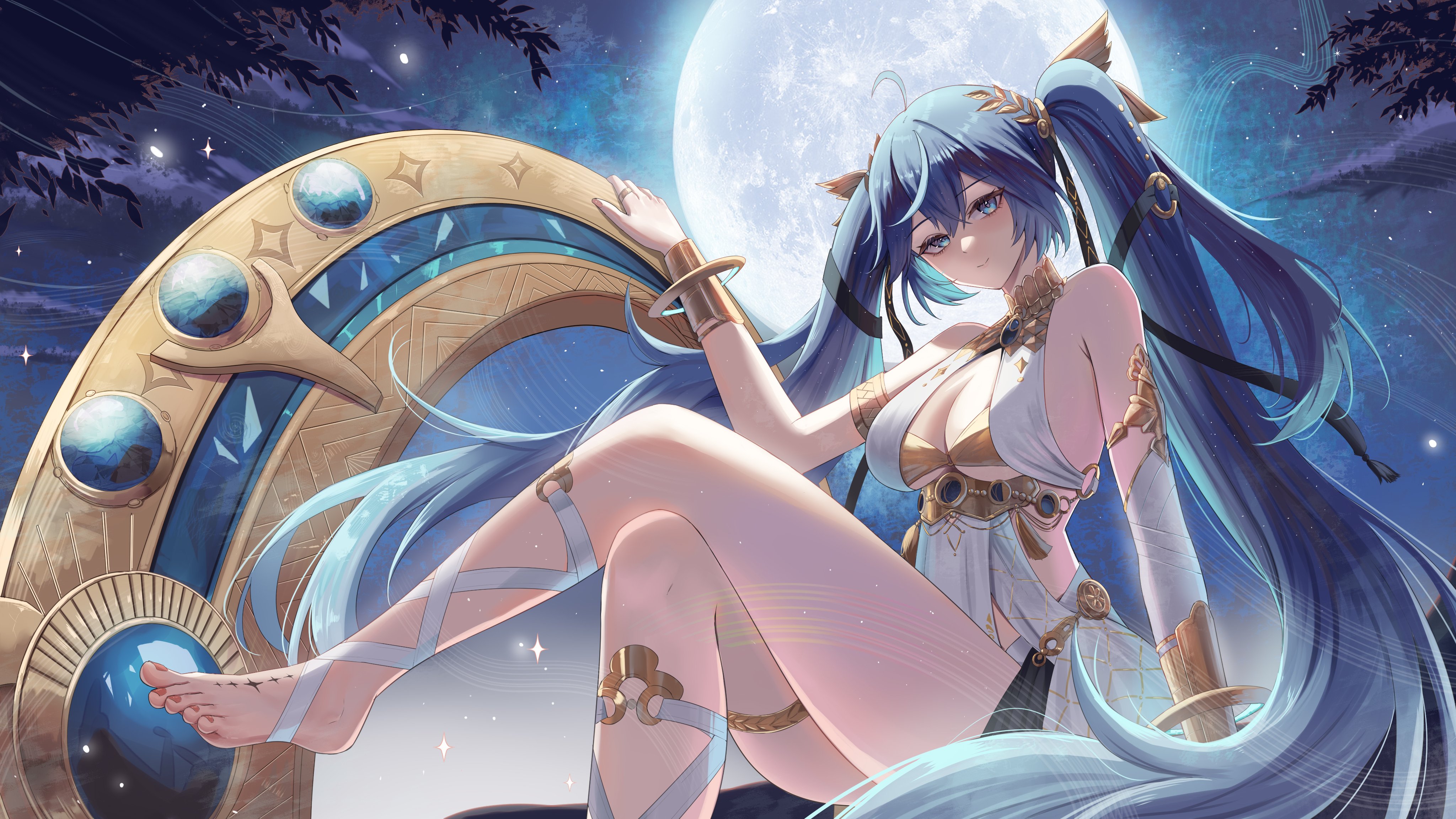 rayn3, iuno (wuthering waves), wuthering waves, absurdres, commentary, highres, 1girl, ahoge, ancient greek clothes, armlet, bare shoulders, barefoot, blue eyes, blue hair, breasts, cleavage, closed mouth, crossed legs, feet, full moon, gold bra, greco-roman clothes, jewelry, laurel crown, leg wrap, long hair, looking at viewer, medium breasts, moon, smile, solo, tacet mark (wuthering waves), thighlet, thighs, toes, twintails, vambraces, very long hair