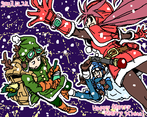hanbu hantarou, prince of lorasia, prince of samantoria, princess of moonbrook, chunsoft, dragon quest, dragon quest ii, enix, 1980s (style), lowres, 1girl, 2boys, beanie, black pantyhose, christmas, closed eyes, english text, engrish text, fur trim, gloves, long sleeves, looking at viewer, multiple boys, oldschool, outstretched arms, pantyhose, pom pom (clothes), pom pom beanie, ranguage, red gloves, santa costume, scarf, snowing, wince, winter