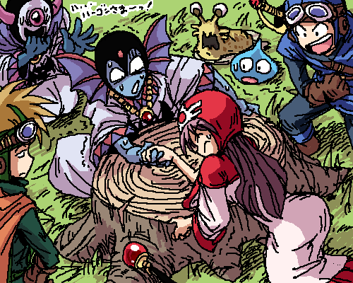 hanbu hantarou, hargon, monster request, oonamekuji, prince of lorasia, prince of samantoria, princess of moonbrook, slime (dragon quest), wrecktor, chunsoft, dragon quest, dragon quest ii, enix, 1980s (style), lowres, translation request, >:d, 1girl, 4boys, :d, :o, arm support, arm wrestle, belt, bent over, blue skin, bodysuit, cable, colored skin, constricted pupils, forehead jewel, frown, gem, gloves, goggles, goggles on headwear, grass, hand on own hip, hand to own mouth, head wings, holding hands, hood, horns, long hair, long sleeves, looking down, monster, multiple boys, oekaki, oldschool, on ground, open mouth, outdoors, profile, purple hair, rapier, robe, scepter, short hair, sitting, slug, smile, spiked hair, standing, surprised, sweat, sweatdrop, sword, tree stump, tunic, v-shaped eyebrows, weapon, wince, wings