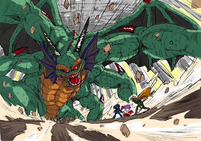 hanbu hantarou, prince of lorasia, prince of samantoria, princess of moonbrook, sidoh, chunsoft, dragon quest, dragon quest ii, enix, 1980s (style), 1girl, 2boys, battle, demon, monster, multiple boys, oldschool, teeth
