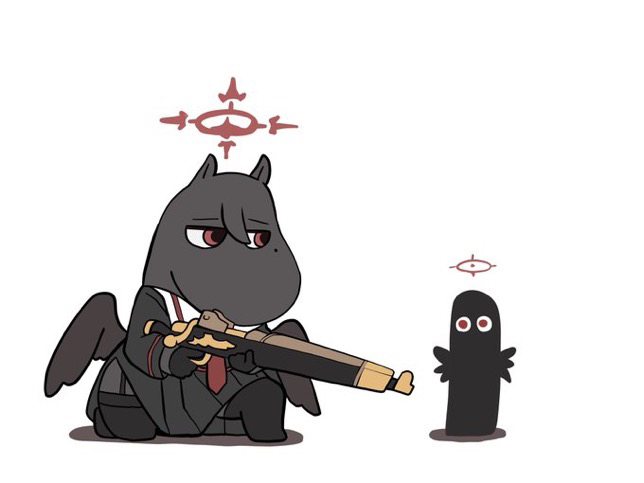 kawamochi (tddm3573), hasumi (blue archive), hattifattener, moomintroll, blue archive, moomin, black hair, black serafuku, black shirt, black skirt, black thighhighs, black wings, bolt action, chibi, garter straps, gun, hair between eyes, halo, holding, holding gun, holding weapon, low wings, m1917 enfield, mole, mole under eye, no shoes, on one knee, pleated skirt, red eyes, rifle, sailor collar, school uniform, serafuku, shadow, shirt, simple background, skirt, thighhighs, weapon, white background, white sailor collar, wings