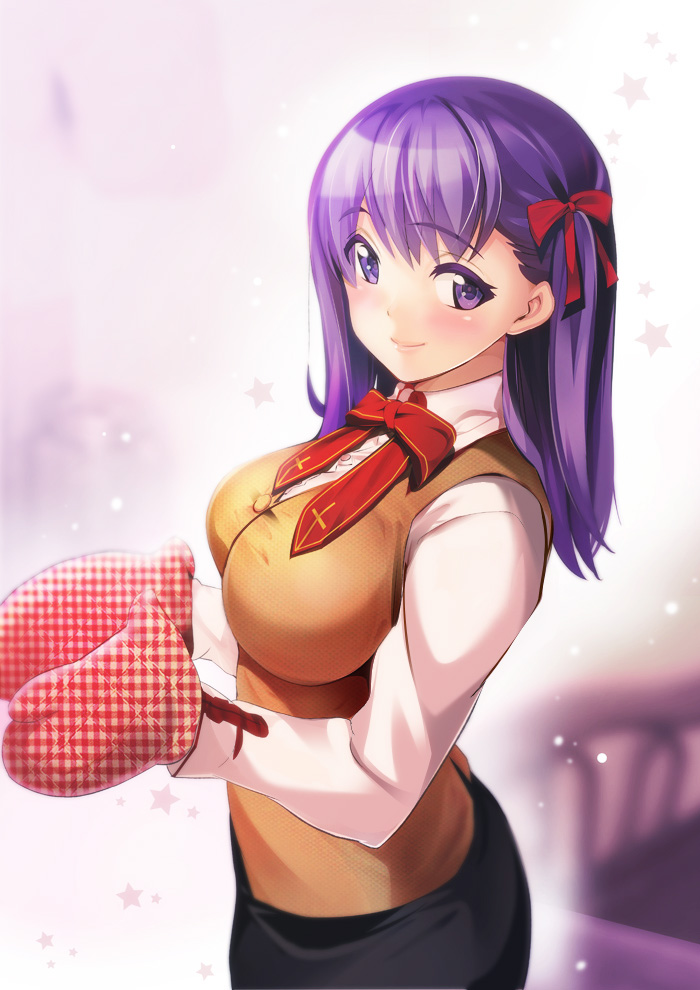 tsukamori shuuji, matou sakura, fate (series), commentary request, 1girl, black skirt, breasts, brown vest, closed mouth, from side, hair ribbon, homurabara academy school uniform, large breasts, long hair, long sleeves, looking at viewer, oven mitts, purple eyes, purple hair, red oven mitts, red ribbon, ribbon, school uniform, shirt, skirt, smile, solo, vest, white shirt