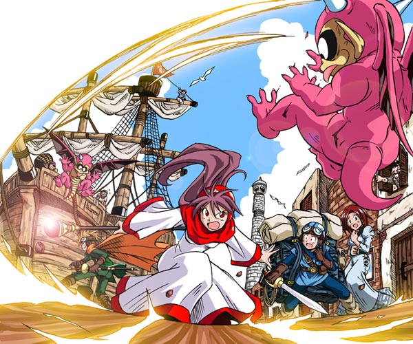hanbu hantarou, gremlin (dragon quest), monster request, prince of lorasia, prince of samantoria, princess of moonbrook, chunsoft, dragon quest, dragon quest ii, enix, 1980s (style), >:o, 2girls, 6+boys, :o, :p, angry, backpack, bag, barrel, battle, belt, belt buckle, belt pouch, bent over, blonde hair, bodysuit, brick wall, buckle, cloud, colored skin, constricted pupils, day, fantasy, fighting stance, flag, floating hair, flying, gloves, glowing, goggles, goggles on headwear, hair between eyes, holding, holding weapon, hood, horns, leg warmers, legs apart, lens flare, lighthouse, long hair, looking at another, magic, monster, multiple boys, multiple girls, oldschool, outdoors, outstretched arms, pink skin, pouch, purple hair, rapier, red eyes, red hair, robe, scabbard, sheath, sheathed, ship, short hair, sky, spiked hair, spread arms, staff, standing, surprised, sword, tail, tongue, tongue out, town, unsheathing, v-shaped eyebrows, watercraft, weapon, wings