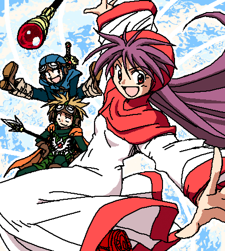 hanbu hantarou, prince of lorasia, prince of samantoria, princess of moonbrook, chunsoft, dragon quest, dragon quest ii, enix, 1980s (style), lowres, 1girl, 2boys, gem, headband, long hair, long sleeves, looking at viewer, multiple boys, oldschool, ponytail, purple hair, robe, rod, spiked hair, staff, veil, very long hair