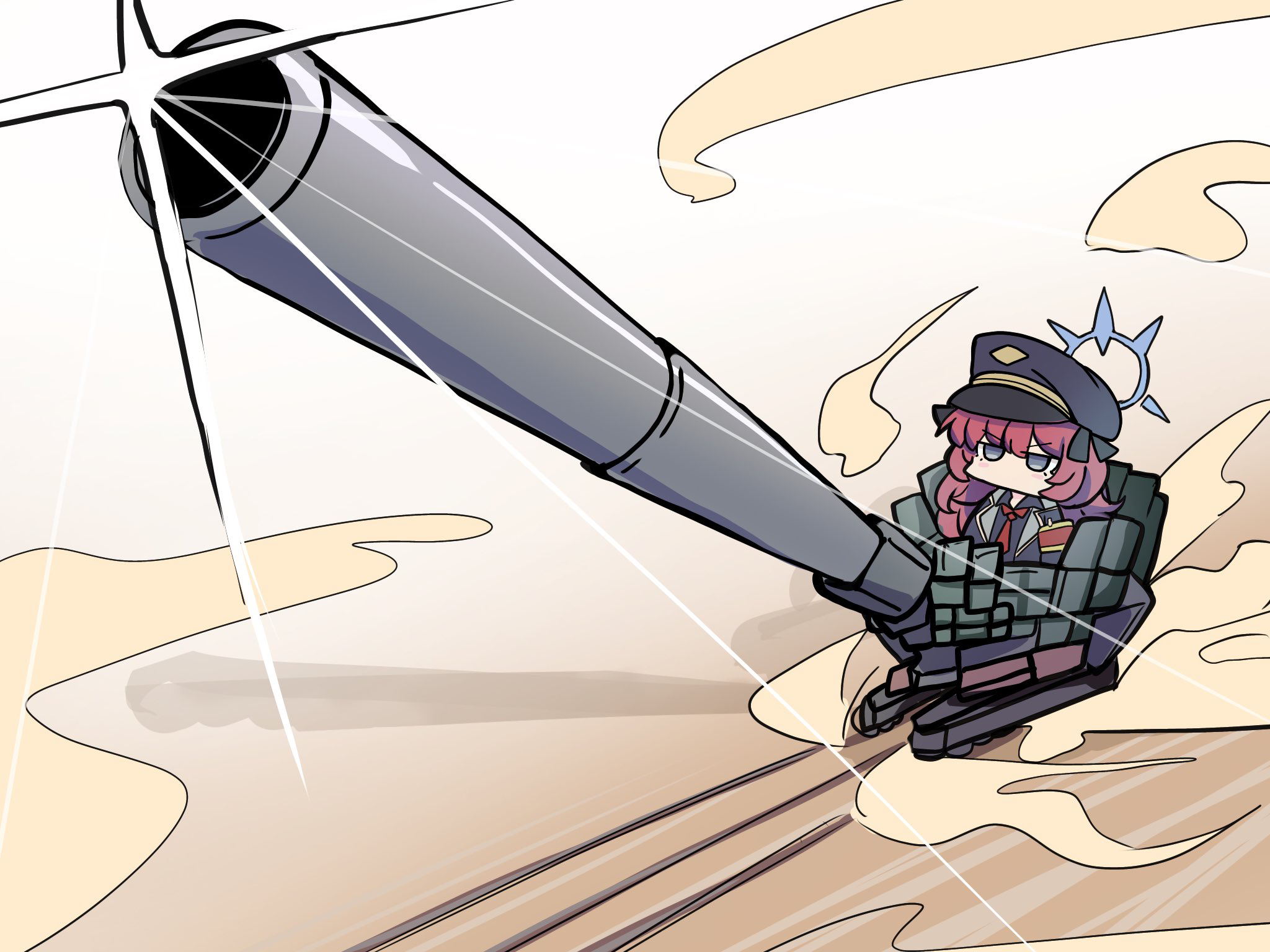 kawamochi (tddm3573), iroha (blue archive), blue archive, yu-gi-oh!, highres, 1girl, armband, black hat, black jacket, black shirt, cannon, chibi, collared shirt, glint, grey eyes, hair between eyes, halo, hat, jacket, jitome, long hair, necktie, open clothes, open jacket, peaked cap, red hair, red necktie, shirt, smoke, solo, superdreadnought rail cannon gustav max, v-shaped eyebrows