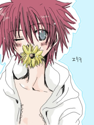 erio mondial, lyrical nanoha, mahou shoujo lyrical nanoha, lowres, 00s, 1boy, blush, collar, flower, flower in mouth, green eyes, hood, hood down, hooded jacket, jacket, long sleeves, looking at viewer, male focus, open clothes, open jacket, red hair, short hair, solo, spiked hair, unzipped