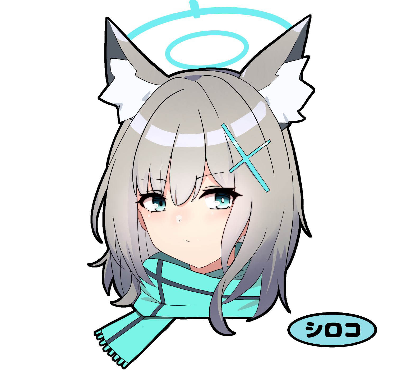 kawamochi (tddm3573), shiroko (blue archive), blue archive, highres, translation request, 1girl, animal ear fluff, animal ears, blue eyes, blue scarf, character name, closed mouth, fringe trim, grey hair, hair ornament, halo, head only, looking at viewer, scarf, simple background, solo, white background, wolf ears