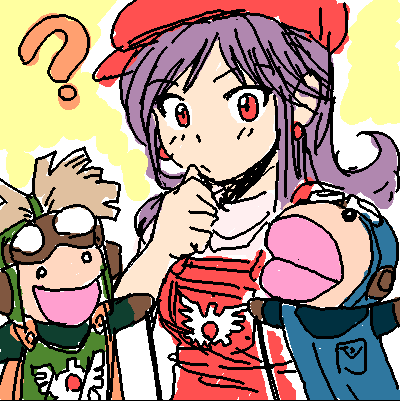 hanbu hantarou, prince of lorasia, prince of samantoria, princess of moonbrook, chunsoft, dragon quest, dragon quest ii, enix, 1980s (style), lowres, 1girl, :d, ?, character doll, cosplay, doll, earrings, female focus, goggles, goggles on head, jewelry, long hair, oldschool, open mouth, puppet, purple hair, red eyes, retro artstyle, simple background, smile, solo, thinking, upper body, very long hair, yellow background