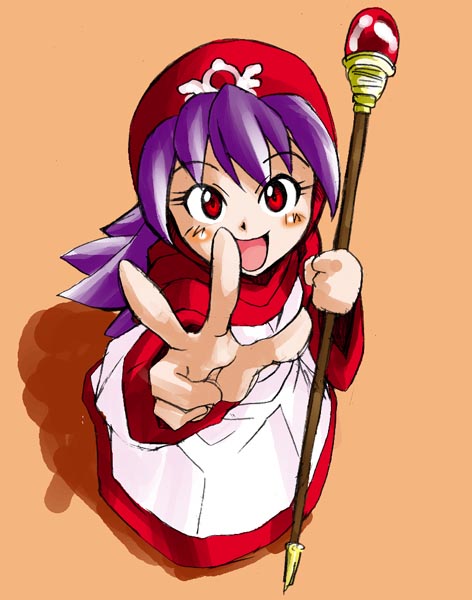 hanbu hantarou, princess of moonbrook, chunsoft, dragon quest, dragon quest ii, enix, 1980s (style), 1girl, bandana, blush, dress, female focus, from above, long hair, oldschool, purple hair, red eyes, solo, staff, v