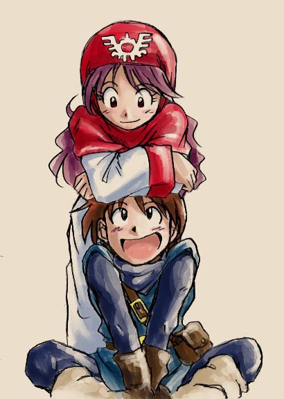 hanbu hantarou, prince of lorasia, princess of moonbrook, chunsoft, dragon quest, dragon quest ii, enix, 1980s (style), 1boy, 1girl, bag, bandana, black eyes, blush, brown hair, crossed arms, long hair, object on head, oldschool, open mouth, purple hair, sitting, smile