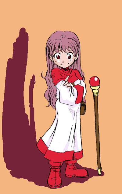 hanbu hantarou, princess of moonbrook, chunsoft, dragon quest, dragon quest ii, enix, 1980s (style), 1girl, bag, boots, dress, female focus, handbag, long hair, oldschool, pointing, purple hair, red eyes, shadow, smile, solo, staff