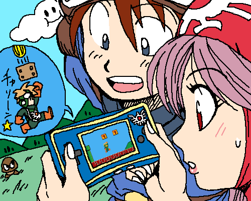 hanbu hantarou, goomba, mario, prince of lorasia, prince of samantoria, princess of moonbrook, chunsoft, dragon quest, dragon quest ii, enix, mario (series), nintendo, super mario bros. 1, 1980s (style), lowres, translation request, 1girl, 2boys, ? block, coin, cosplay, game boy micro, handheld game console, multiple boys, oldschool