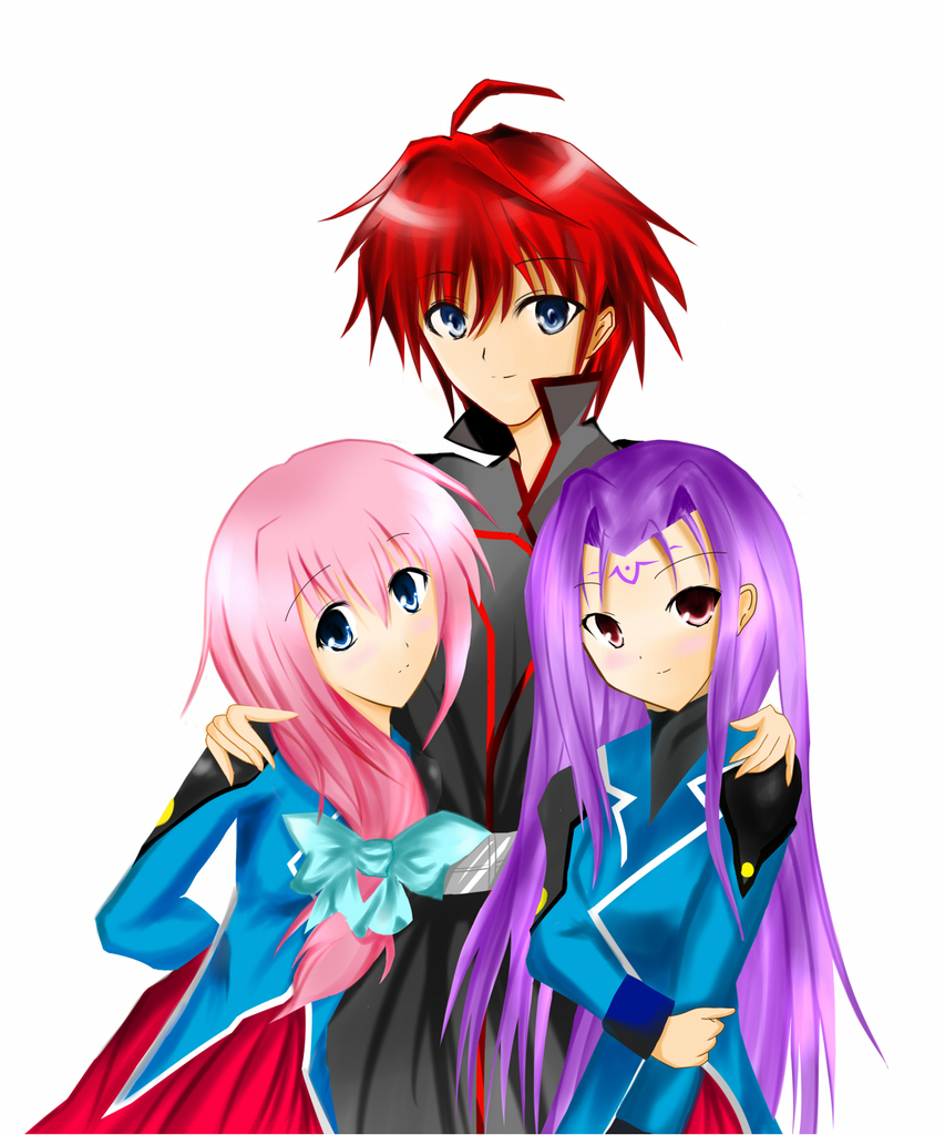 caro ru lushe, erio mondial, lutecia, lutecia alpine, lyrical nanoha, mahou shoujo lyrical nanoha, 00s, 1boy, 2girls, aged up, ahoge, blue dress, butterfly hair ornament, dress, hair ornament, hair over shoulder, hug, long sleeves, looking at viewer, multiple girls, pink hair, purple hair, red hair, short hair