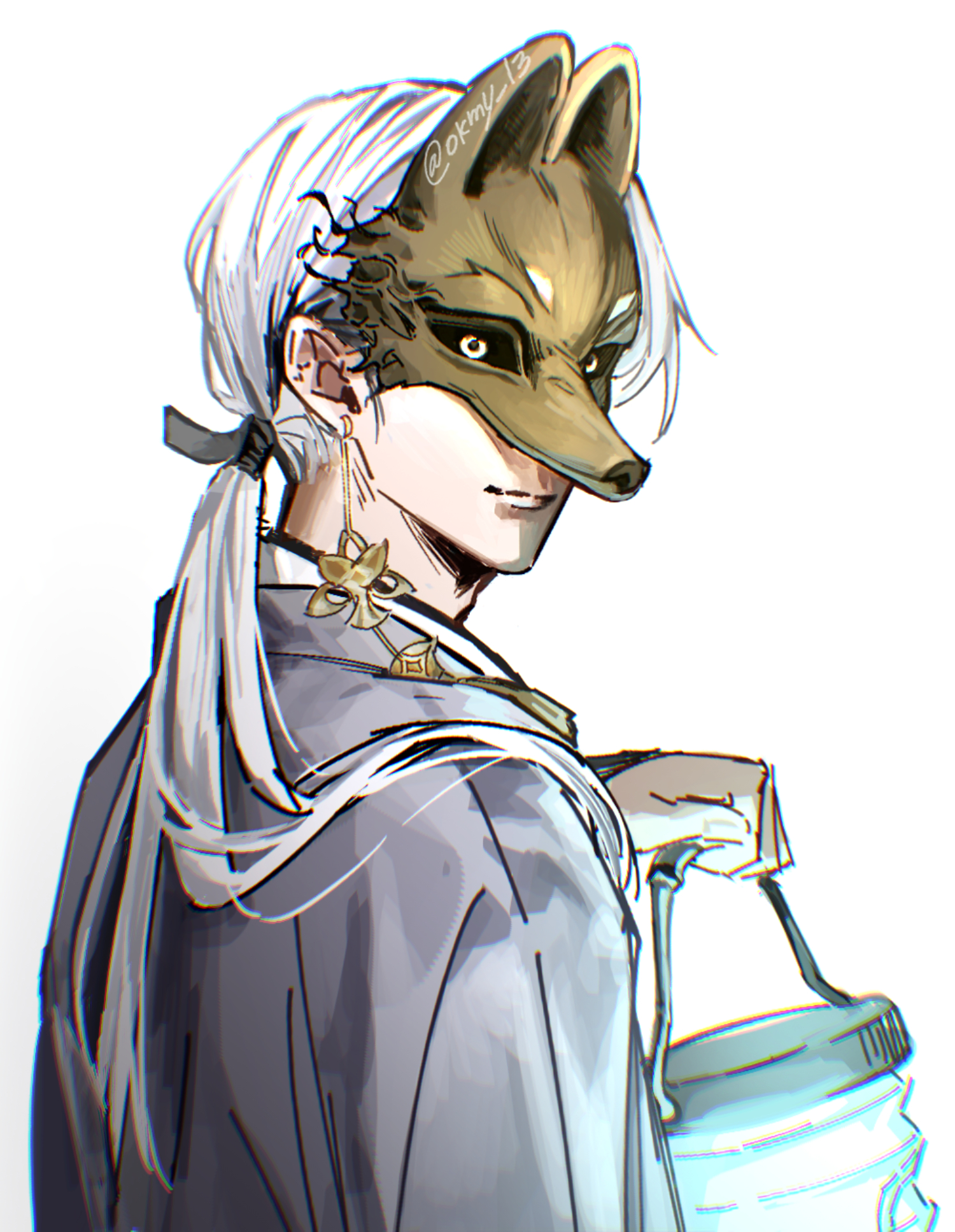 muyu (okmy 13), fox mask (silent hill), silent hill (series), silent hill f, highres, 1boy, eye mask, fox mask, holding, holding lantern, japanese clothes, kimono, lantern, mask, simple background, solo, white background, white hair, white kimono