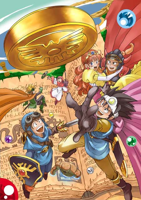 hanbu hantarou, golem (dq), hero (dq1), prince of lorasia, prince of samantoria, princess laura, princess of moonbrook, roto (dq3), chunsoft, dragon quest, dragon quest i, dragon quest ii, dragon quest iii, enix, 1980s (style), 1990s (style), 2girls, 4boys, aviator sunglasses, book, cape, crossover, fake horns, golem, headband, horns, multiple boys, multiple girls, oldschool, retro artstyle, spiked hair, sunglasses