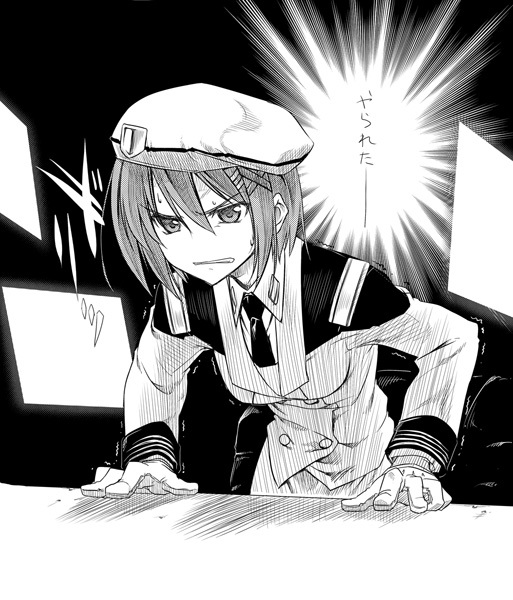 himura kiseki, yagami hayate, lyrical nanoha, mahou shoujo lyrical nanoha, translation request, 00s, 1girl, angry, beret, female focus, greyscale, hair ornament, hairclip, hat, leaning forward, monochrome, necktie, short hair, solo, sweat