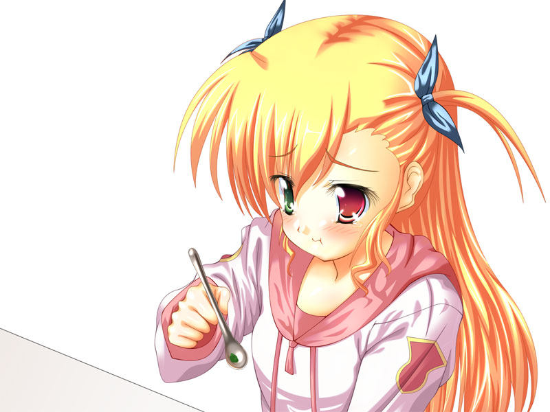 vivio, lyrical nanoha, mahou shoujo lyrical nanoha, mahou shoujo lyrical nanoha strikers, 00s, 1girl, blonde hair, female focus, holding, hood, hood down, hooded jacket, jacket, long hair, long sleeves, red eyes, solo, spoon, sweater, two side up, very long hair