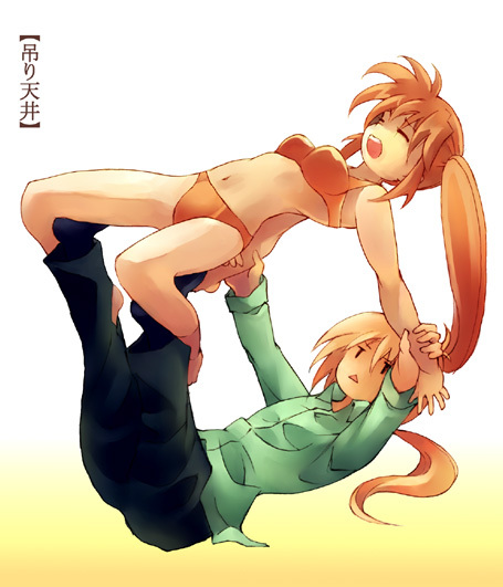 kouno hikaru, takamachi nanoha, yuuno scrya, lyrical nanoha, mahou shoujo lyrical nanoha, translated, 00s, 1boy, 1girl, :<, bra, lingerie, panties, ponytail, side ponytail, submission hold, surfboard (wrestling), triangle mouth, underwear, underwear only, wrestling