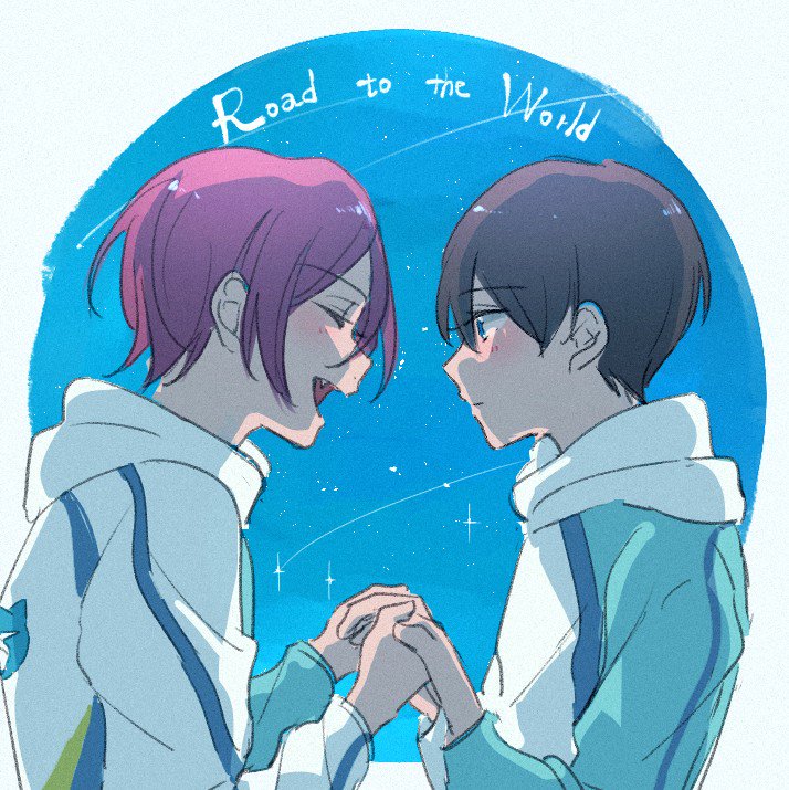 matsuoka rin, nanase haruka (free!), free!, commentary request, 2boys, black hair, blush, closed eyes, english text, from side, hood, hood down, hoodie, jacket, long sleeves, looking at another, male focus, multiple boys, open mouth, shaaark rotta03, sharp teeth, shooting star, short hair, teeth, upper body, white jacket