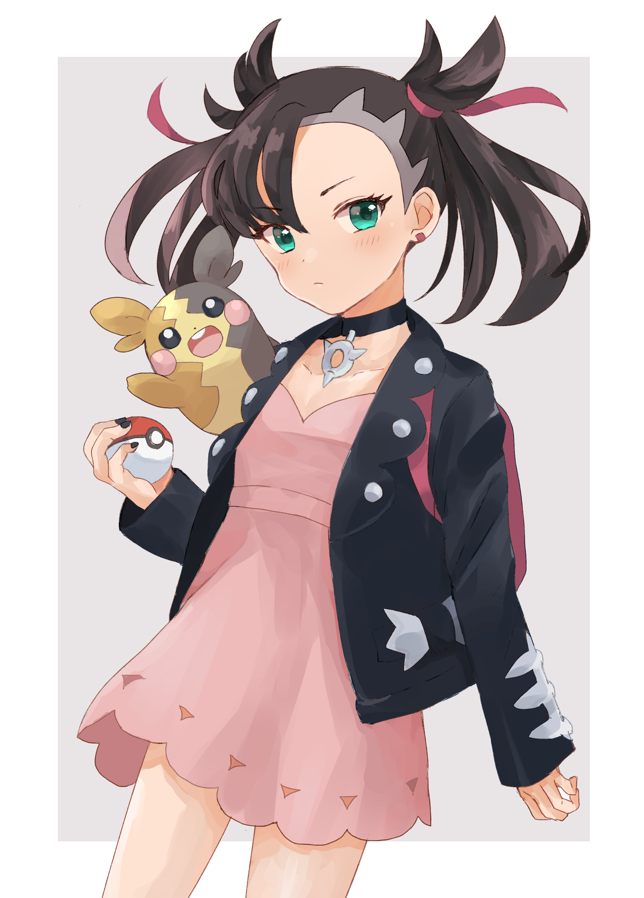 tsukim7, marnie (pokemon), morpeko, morpeko (full), nintendo, pokemon, pokemon swsh, absurdres, highres, 1girl, asymmetrical bangs, backpack, bag, black choker, black hair, black jacket, black nails, blush, border, choker, cowboy shot, dress, earrings, flat chest, gen 8 pokemon, green eyes, hair ribbon, holding, holding poke ball, jacket, jewelry, looking at viewer, on shoulder, pink dress, poke ball, poke ball (basic), pokemon (creature), pokemon on shoulder, ribbon, stud earrings, twintails, undercut, white border
