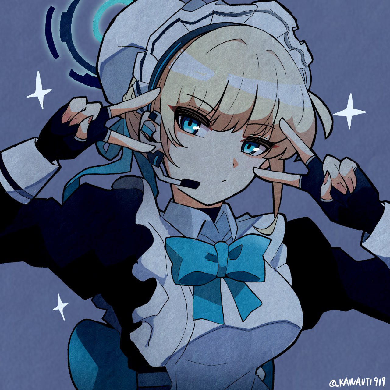 kawamochi (tddm3573), toki (blue archive), blue archive, highres, 1girl, apron, black dress, black gloves, blonde hair, blue background, blue bow, blue eyes, blue ribbon, bow, braid, breasts, bun cover, closed mouth, double v, dress, fingerless gloves, frilled apron, frills, gloves, hair bun, halo, headset, juliet sleeves, long sleeves, looking at viewer, maid, maid apron, maid headdress, medium breasts, puffy sleeves, ribbon, simple background, solo, sparkle, twitter username, upper body, v, v over eye, white apron