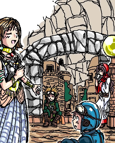 hanbu hantarou, prince of lorasia, prince of samantoria, princess of moonbrook, chunsoft, dragon quest, dragon quest ii, enix, 1980s (style), character request, lowres, translation request, 2boys, 2girls, :d, ^ ^, brown hair, building, city, cliff, closed eyes, dress, helmet, machinery, mountain, multiple boys, multiple girls, oldschool, open mouth, outdoors, short hair, smile, standing, white dress