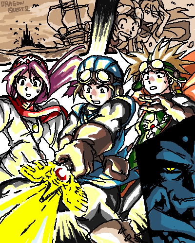 hanbu hantarou, monster request, prince of lorasia, prince of samantoria, princess of moonbrook, chunsoft, dragon quest, dragon quest ii, enix, 1980s (style), lowres, translation request, 1girl, 2boys, armor, blonde hair, glowing, glowing weapon, goggles, goggles on head, helmet, holding, holding sword, holding weapon, long hair, multiple boys, oldschool, pink hair, spiked hair, sword, very long hair, weapon