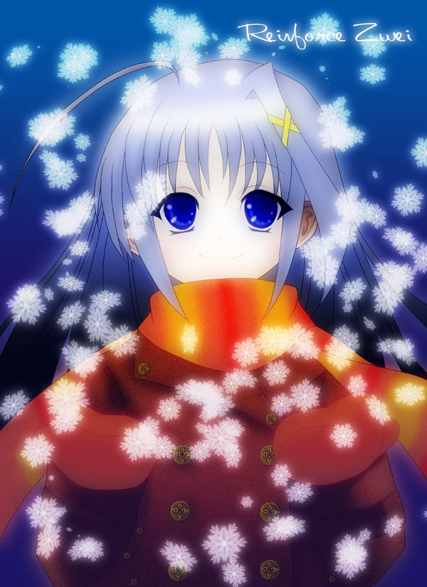 reinforce zwei, lyrical nanoha, mahou shoujo lyrical nanoha, 00s, 1girl, ahoge, blue eyes, blue hair, coat, female focus, gloves, hair ornament, hairclip, long hair, matching hair/eyes, scarf, smile, snow, solo, x hair ornament