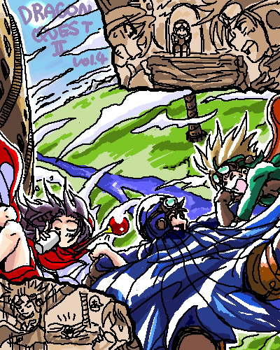 hanbu hantarou, monster request, prince of lorasia, prince of samantoria, princess of moonbrook, chunsoft, dragon quest, dragon quest ii, enix, 1980s (style), lowres, translation request, 1girl, 2boys, black hair, blonde hair, blush, field, goggles, goggles on head, grass, looking at viewer, multiple boys, oldschool, outdoors, spiked hair