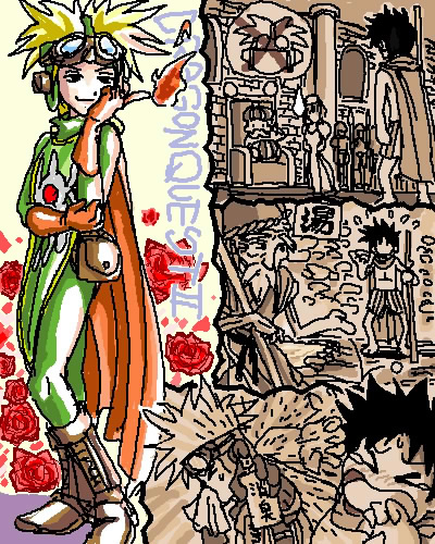 hanbu hantarou, prince of samantoria, chunsoft, dragon quest, dragon quest ii, enix, 1980s (style), character request, lowres, translation request, 6+boys, blonde hair, brown gloves, cape, elbow gloves, full body, gloves, goggles, goggles on head, looking at viewer, male focus, multiple boys, oldschool, spiked hair, standing