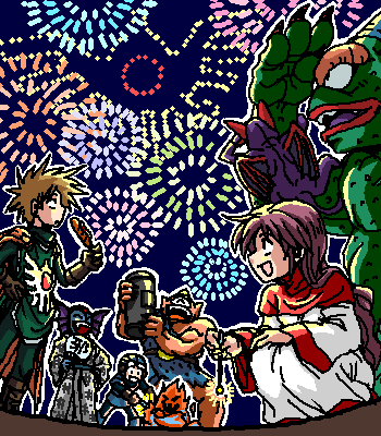 hanbu hantarou, atlas (dragon quest), bazuzu, flame (dragon quest, hargon, monster request, prince of lorasia, prince of samantoria, princess of moonbrook, sidoh, chunsoft, dragon quest, dragon quest ii, enix, 1980s (style), lowres, 1girl, 2boys, :d, ^ ^, aerial fireworks, bare shoulders, belt, bodysuit, boots, cape, closed eyes, colored skin, corn dog, cyclops, dragon, fire, fireworks, food, gloves, goggles, goggles on headwear, green skin, hand fan, hand on own hip, hand on own knee, head wings, holding, horns, japanese clothes, kimono, laughing, long hair, long sleeves, looking up, monster, multiple boys, muscular, night, night sky, oekaki, oldschool, one-eyed, open mouth, outdoors, outline, paper fan, purple hair, robe, shading eyes, short hair, single horn, size difference, sky, smile, sparkler, spiked hair, squatting, standing, tabard, tunic, turtleneck, very long hair, wavy hair, wide sleeves, wings, yukata