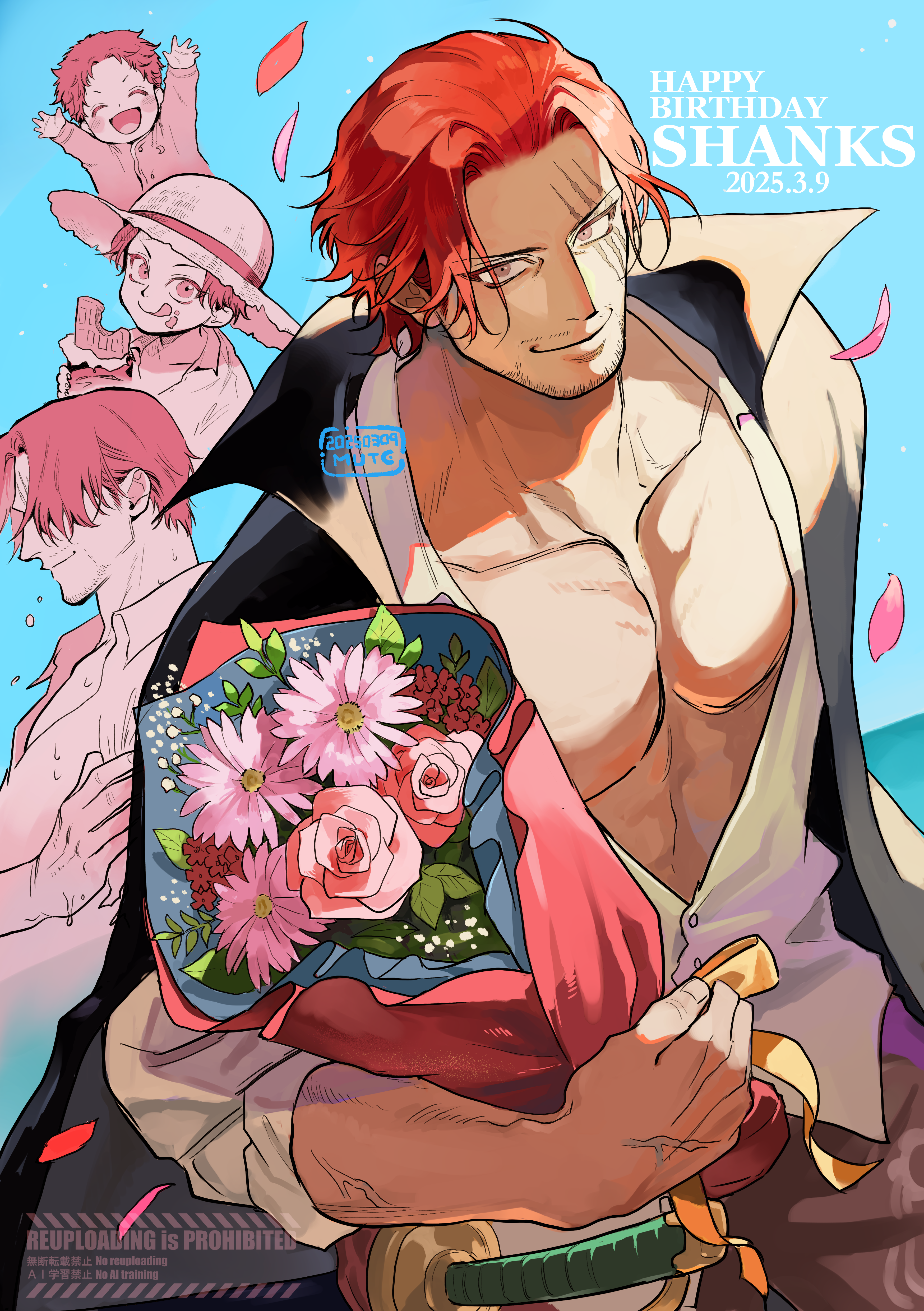 momoh jiyucho, shanks (one piece), one piece, absurdres, commentary request, highres, 1boy, age progression, bare pectorals, bouquet, candy, character name, chocolate, chocolate bar, collarbone, facial hair, flower, food, goatee, happy birthday, hat, holding, holding bouquet, injury, large pectorals, male focus, muscular, muscular male, pectorals, petals, red hair, scar, scar across eye, scar on face, short hair, smile, straw hat, sword, weapon