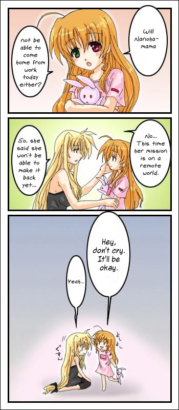 fate testarossa, vivio, lyrical nanoha, mahou shoujo lyrical nanoha, hard-translated, third-party edit, 00s, 2girls, 4koma, bare shoulders, black dress, blonde hair, brown hair, comic, dress, english text, from side, full body, looking at viewer, multiple girls, profile, red eyes, sitting, talking, text focus, wariza