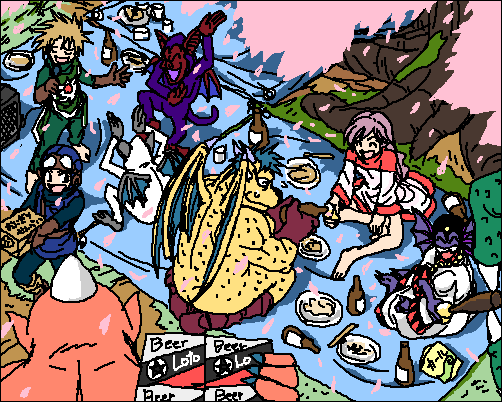 hanbu hantarou, hargon, monster request, prince of lorasia, prince of samantoria, princess of moonbrook, chunsoft, dragon quest, dragon quest ii, enix, 1980s (style), 1girl, 2boys, alcohol, barefoot, beer, dragon, dutch angle, from behind, full body, goggles, goggles on head, hat, lake, monster, multiple boys, oldschool, outdoors, picnic, pointy ears, purple hair, short hair, sitting, sweatdrop, water
