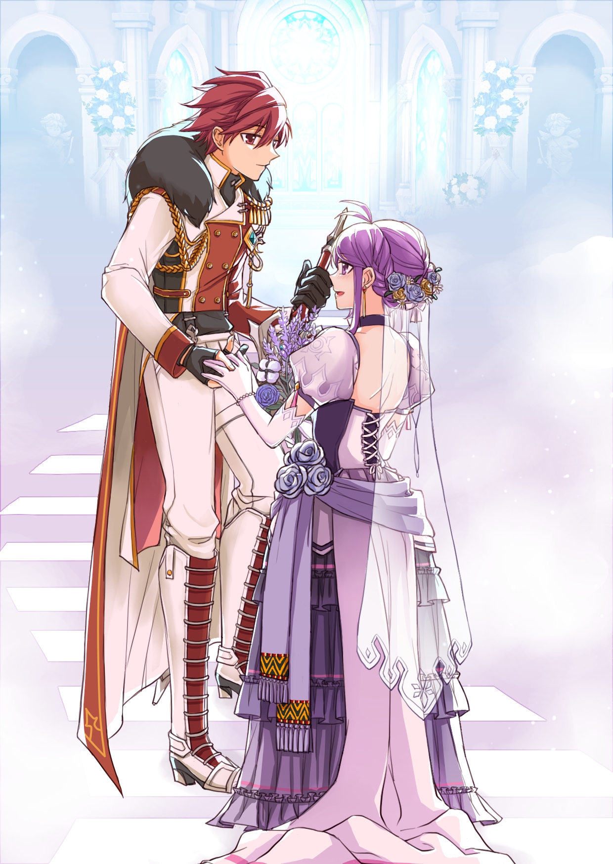 chaou61, aisha landar, elsword (character), elsword, highres, 1boy, 1girl, alternate costume, alternate hairstyle, antenna hair, backless dress, backless outfit, black gloves, blue flower, blue rose, cape, dress, elbow gloves, fingerless gloves, flower, formal clothes, fur trim, gloves, hair flower, hair ornament, holding hands, long sleeves, looking at another, pants, profile, purple eyes, purple hair, red eyes, red hair, rose, short hair, smile, stairs, veil, white gloves, white pants, yellow flower, yellow rose