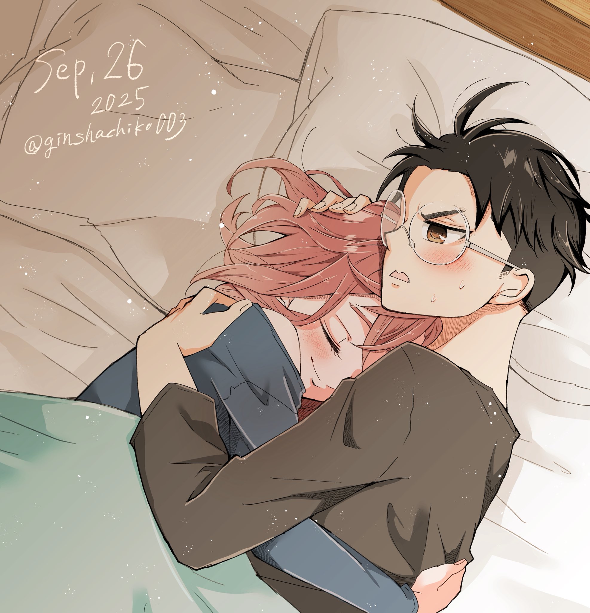 ginshachi, ayase momo, takakura ken (dandadan), dandadan, highres, 1boy, 1girl, arm around back, bare shoulders, bed sheet, black hair, blush, brown eyes, brown hair, closed eyes, closed mouth, couple, crossed bangs, dated, furrowed brow, glasses, grey shirt, hair between eyes, hand on another's head, hetero, hug, long sleeves, off-shoulder shirt, off shoulder, parted bangs, parted lips, pillow, round eyewear, shirt, smile, sweatdrop, twitter username, under covers, upper body