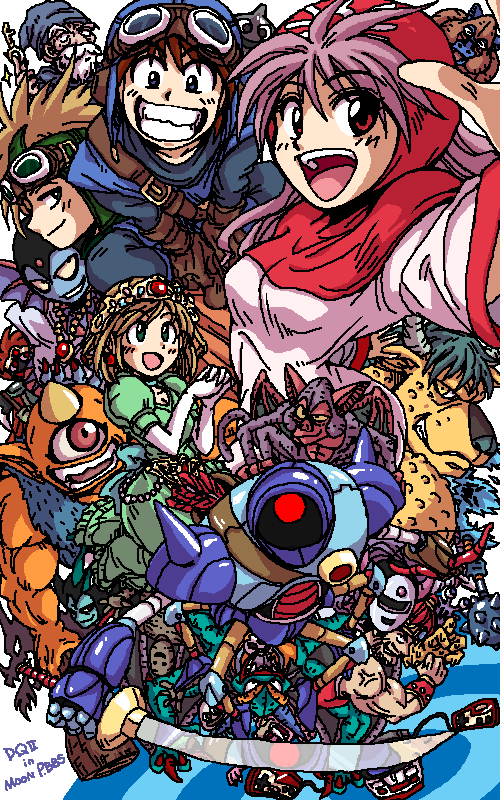 hanbu hantarou, atlas (dragon quest), bazuzu, belial (dragon quest), dragon lord's great-grandson, hargon, killing machine (dragon quest), king of derukondaru, monster request, prince of lorasia, prince of samantoria, princess of moonbrook, sidoh, wrecktor, chunsoft, dragon quest, dragon quest ii, enix, 1980s (style), character request, 2girls, 6+boys, :d, brown hair, cyclops, famicom, game console, grin, looking at viewer, machinery, monster, multiple boys, multiple girls, oldschool, one-eyed, open mouth, purple hair, red eyes, smile, spiked hair, teeth