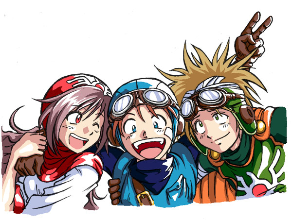 hanbu hantarou, prince of lorasia, prince of samantoria, princess of moonbrook, chunsoft, dragon quest, dragon quest ii, enix, 1980s (style), 1girl, 2boys, :d, ;d, brown gloves, brown hair, gloves, looking at viewer, looking up, multiple boys, oldschool, one eye closed, open mouth, purple hair, red eyes, simple background, smile, spiked hair, v, white background