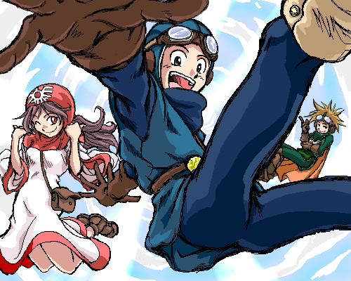 hanbu hantarou, prince of lorasia, prince of samantoria, princess of moonbrook, chunsoft, dragon quest, dragon quest ii, enix, 1980s (style), lowres, 1girl, 2boys, :d, ;o, bandana, belt, blue sky, blush, bodysuit, brown hair, buckle, full body, goggles, goggles on head, long hair, looking at viewer, multiple boys, oldschool, one eye closed, open mouth, purple hair, red eyes, sky, smile, very long hair