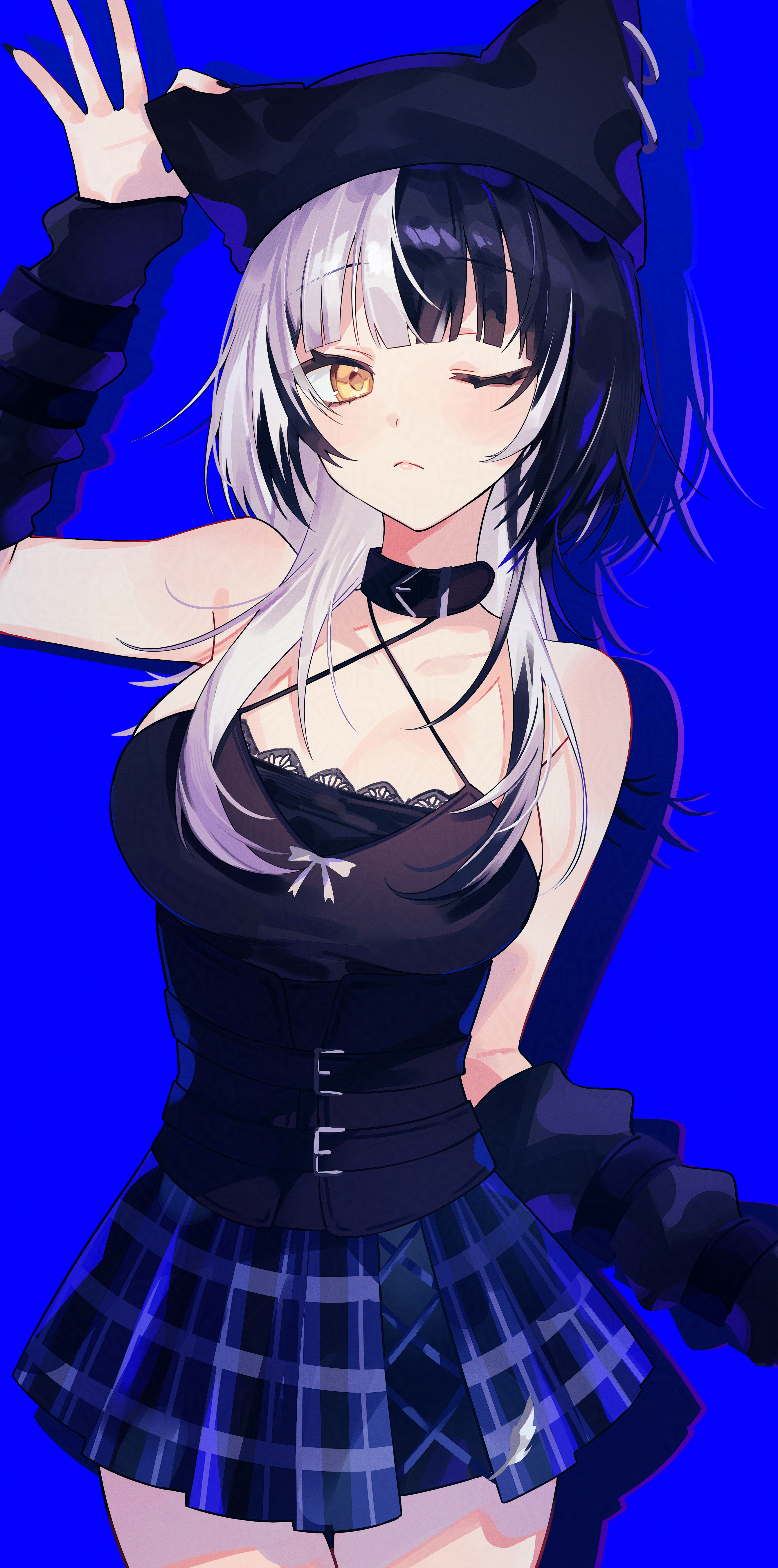 ohiru 0610, shiori novella, hololive, hololive english, absurdres, highres, 1girl, adjusting clothes, adjusting headwear, alternate costume, arm warmers, black collar, black hair, blue background, blue skirt, breasts, choker, collar, criss-cross halter, grey hair, halterneck, hand up, large breasts, long hair, looking at viewer, miniskirt, multicolored hair, one eye closed, plaid clothes, plaid skirt, sidelocks, simple background, skirt, solo, split-color hair, virtual youtuber, yellow eyes