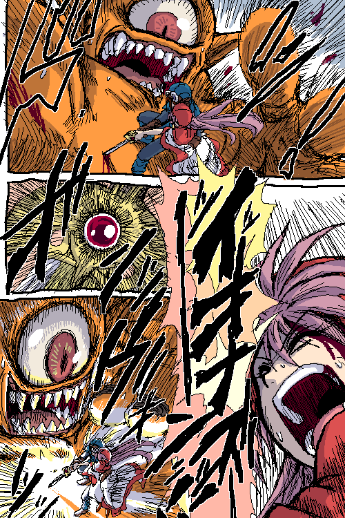 hanbu hantarou, atlas (dragon quest), monster request, prince of lorasia, princess of moonbrook, chunsoft, dragon quest, dragon quest ii, enix, 1980s (style), translation request, 1boy, 1girl, brown hair, closed eyes, dress, magic, monster, oekaki, oldschool, open mouth, purple hair, sweat, sword, teeth, weapon