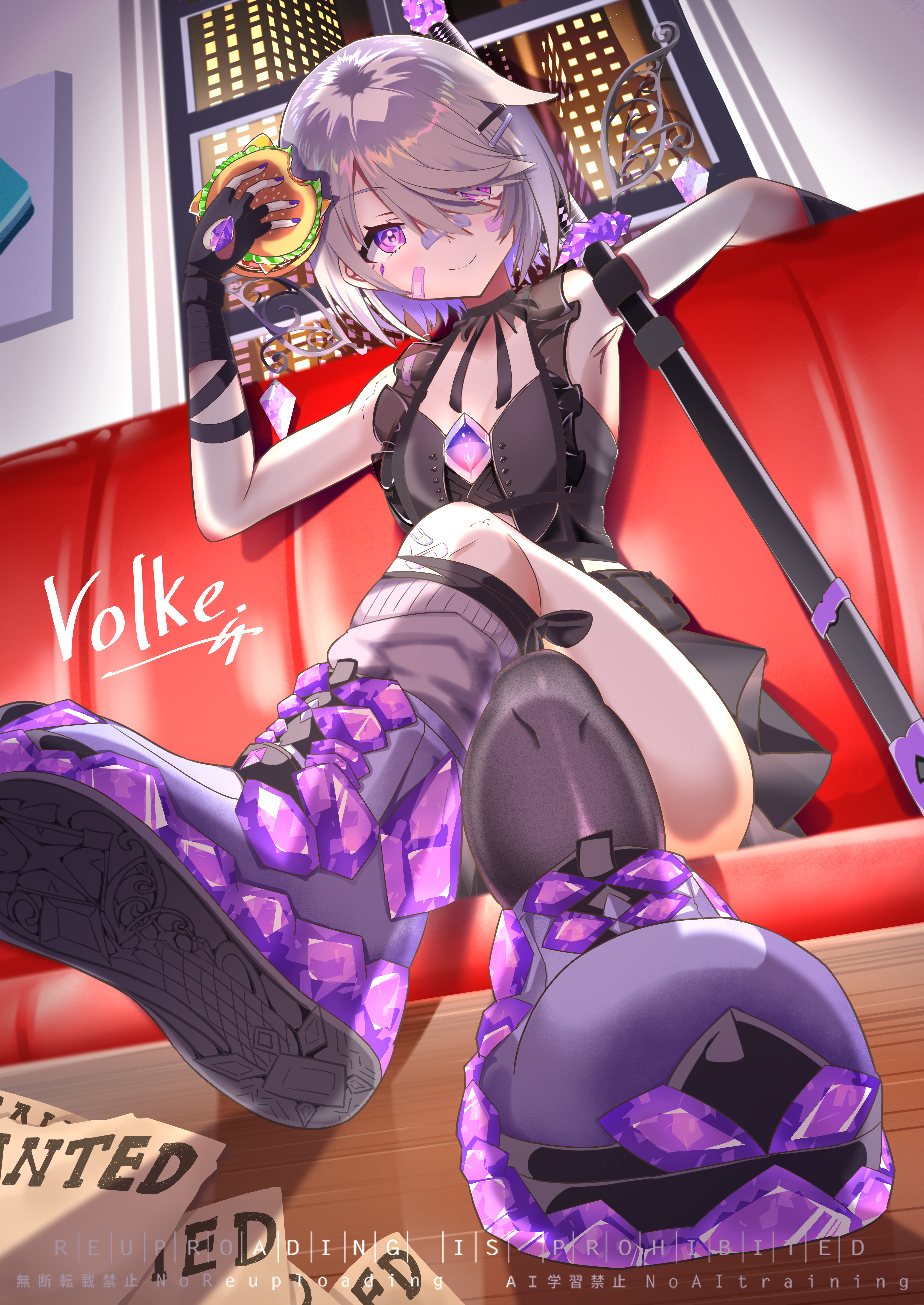 volke. (tubamenora), koseki bijou, koseki bijou (casual), hololive, hololive english, absurdres, highres, 1girl, bandaid, bandaid on cheek, bandaid on face, black ribbon, black shirt, burger, closed mouth, crossed legs, detached wings, fingerless gloves, food, gloves, grey hair, grey leg warmers, holding, holding burger, holding food, indoors, leg warmers, looking at viewer, official alternate costume, official alternate hairstyle, purple eyes, purple shoes, ribbon, shirt, shoes, sitting, smile, solo, tomato (sword), virtual youtuber, wanted poster, watermark, wings