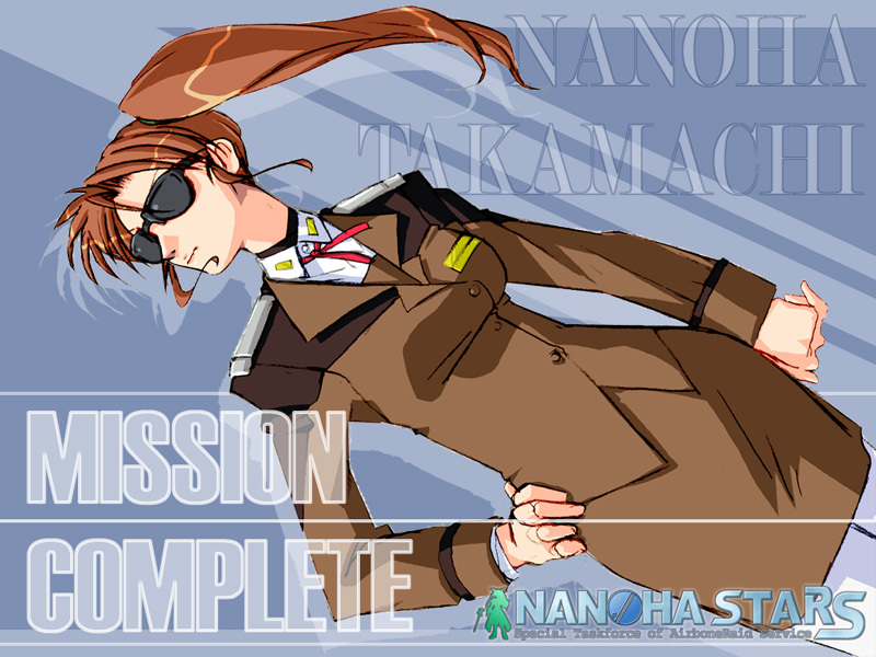 takamachi nanoha, lyrical nanoha, mahou shoujo lyrical nanoha, mahou shoujo lyrical nanoha strikers, 00s, 1girl, character name, english text, female focus, military, military uniform, pantyhose, ponytail, side ponytail, solo, sunglasses
