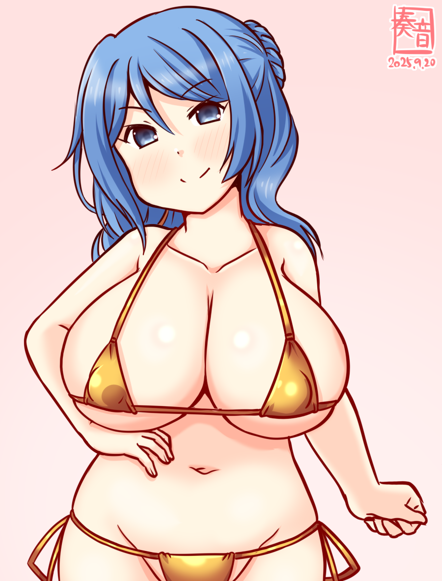 kanon (kurogane knights), urakaze (kancolle), kantai collection, 1girl, alternate costume, artist logo, bikini, blue eyes, blue hair, breasts, covered erect nipples, cowboy shot, dated, donut hair bun, double bun, gold bikini, gradient background, hair bun, large breasts, logo, lowleg, lowleg bikini, medium hair, micro bikini, one-hour drawing challenge, pink background, side-tie bikini bottom, solo, string bikini, swimsuit