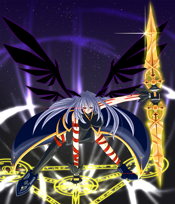 reinforce, reinforce zwei, lyrical nanoha, mahou shoujo lyrical nanoha, mahou shoujo lyrical nanoha a's, 00s, 1girl, alternate weapon, arm belt, asymmetrical clothes, asymmetrical legwear, facial mark, female focus, fingerless gloves, gloves, jacket, leg belt, magic circle, magical girl, open clothes, open jacket, single thighhigh, solo, sword, thighhighs, uneven legwear, waist cape, weapon, winged hair ornament, wings