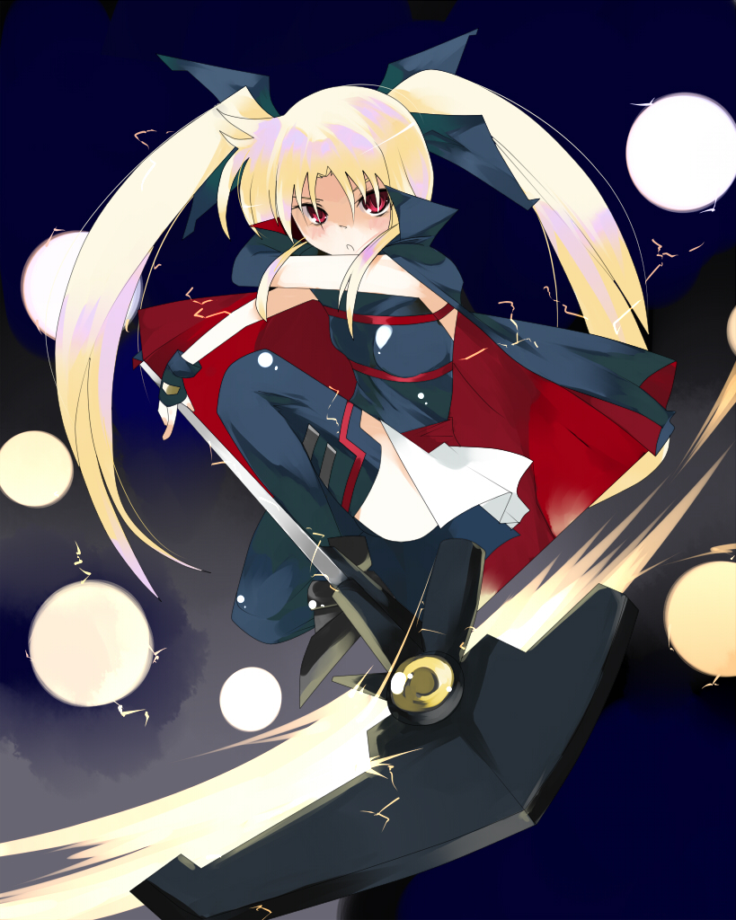 bardiche (haken form) (nanoha), bardiche (nanoha), fate testarossa, fate testarossa (lightning form), lyrical nanoha, mahou shoujo lyrical nanoha, 00s, 1girl, blonde hair, cape, elbow gloves, female focus, fingerless gloves, gloves, hair ribbon, long hair, red eyes, ribbon, scythe, single elbow glove, single glove, skirt, solo, thighhighs, twintails, very long hair