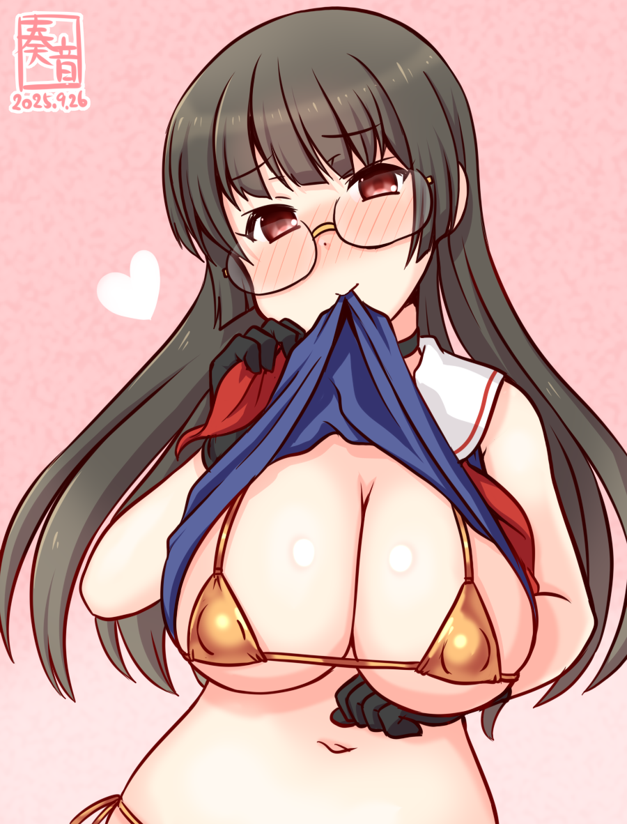 kanon (kurogane knights), choukai (kancolle), kantai collection, commentary request, 1girl, artist logo, bikini, black hair, blush, breasts, brown hair, clothes lift, covered erect nipples, dated, glasses, gloves, gold bikini, heart, large breasts, lifting own clothes, logo, long hair, looking at viewer, navel, nose blush, pink background, red eyes, rimless eyewear, shirt lift, smile, solo, string bikini, swimsuit, upper body